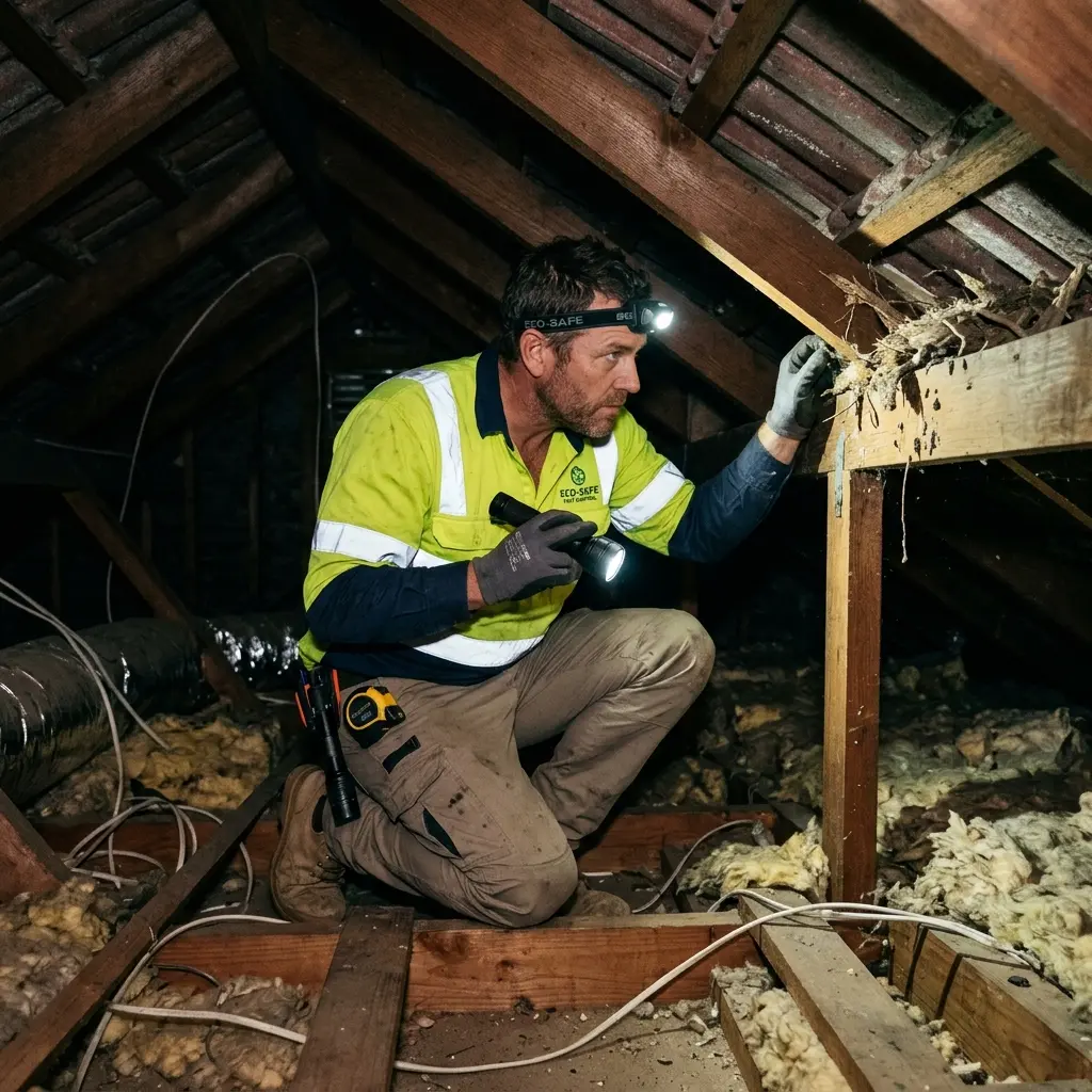 Technician inspecting a roof cavity for a dead animal in Bentleigh East
